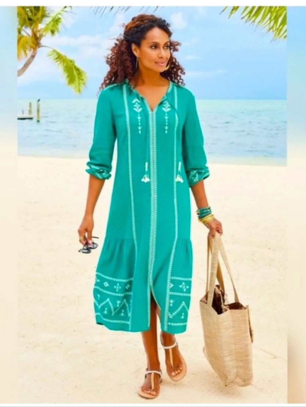 Soft Surroundings⁸ Gauze Jolie Turquoise Embroidered Beach Dress 1x